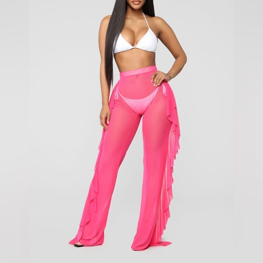Fashion Nova Mesh Flounce Sunshine See Through Cover Up Pants in Fuchsia L NWT